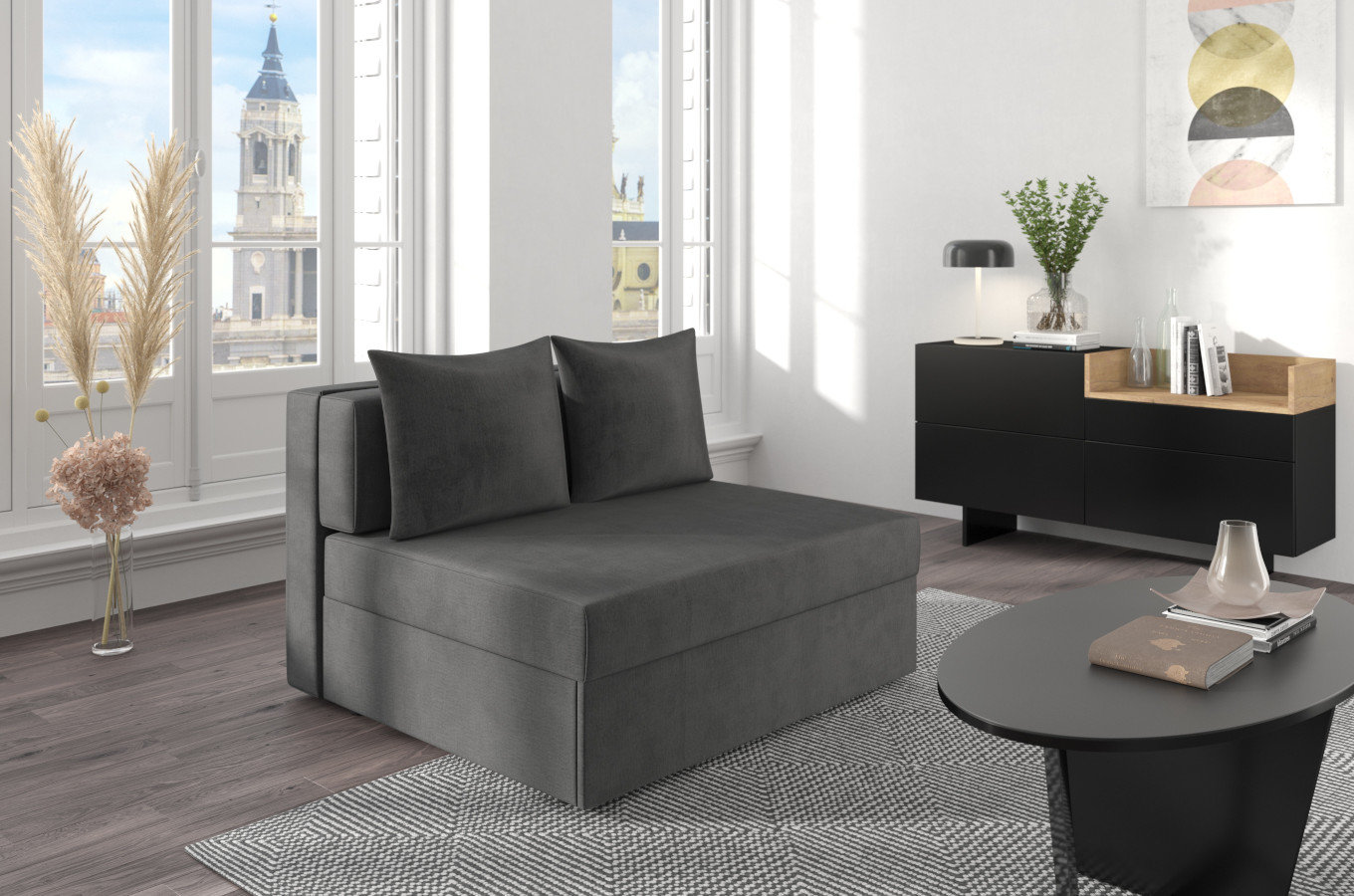 Ciemno-szara rozkładana sofa Dancan OLGA z funkcją spania i pojemnikiem na pościel / szerokość 116 cm