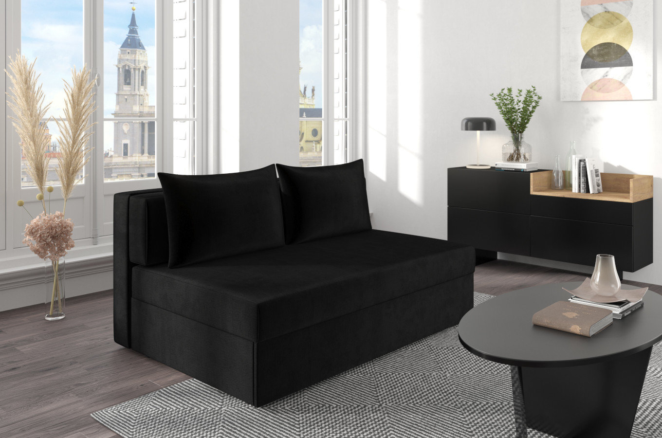 Czarna rozkładana sofa Dancan OLGA z funkcją spania i pojemnikiem na pościel / szerokość 156 cm