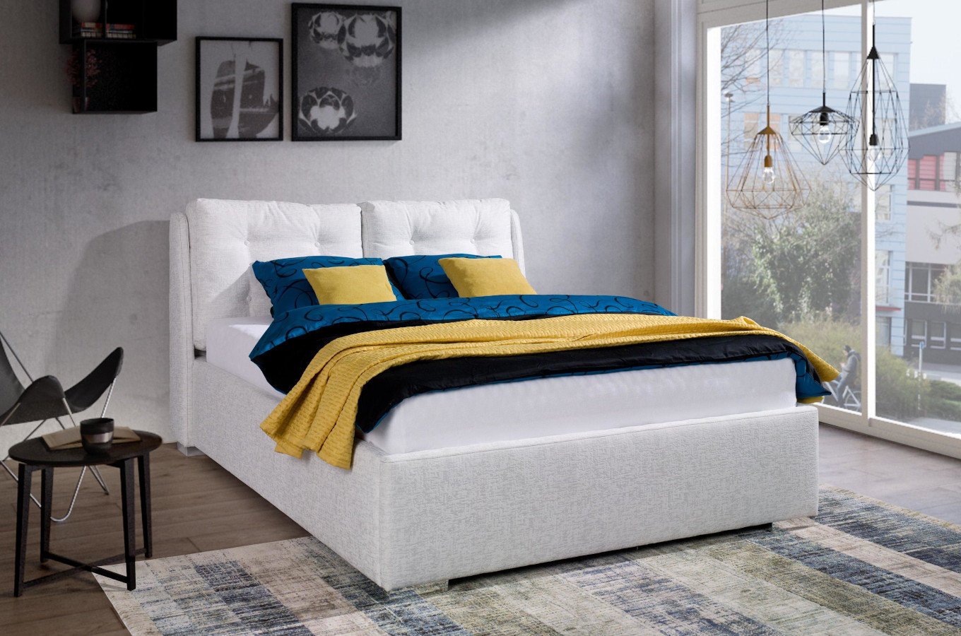 Eleganckie łóżko tapicerowane do sypialni ADRANO z poduszkami na zagłówku