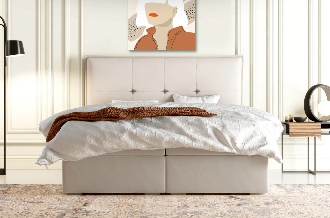 Eleganckie tapicerowane łóżko kontynentalne do sypialni EDWARD z pojemnikiem na pościel