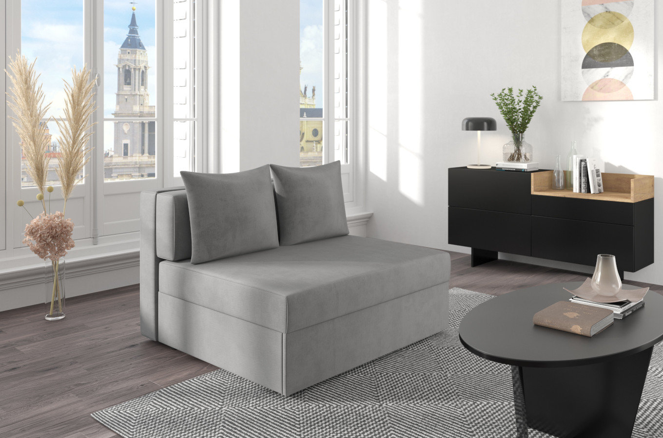 Jasno-szara rozkładana sofa Dancan OLGA z funkcją spania i pojemnikiem na pościel / szerokość 116 cm