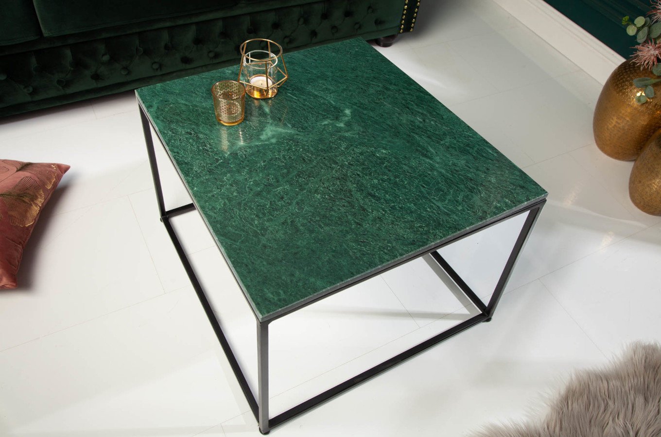Kwadratowy stolik kawowy ELEMENTS z zielonym, marmurowym blatem