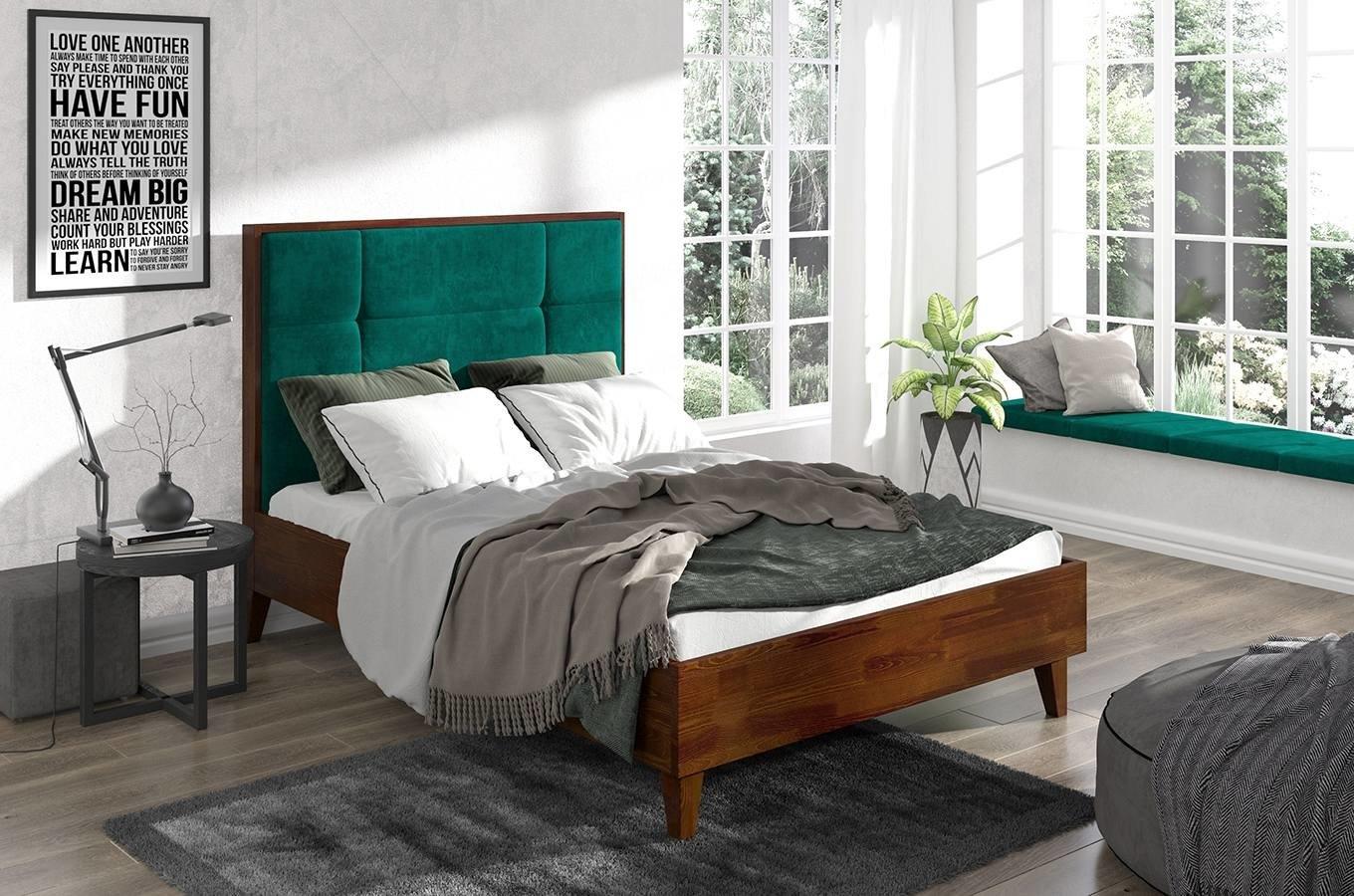 Łóżko drewniane sosnowe Visby FRIDA z wysokim zagłówkiem / 120x200 cm, kolor biały, zagłówek French Velvet 658