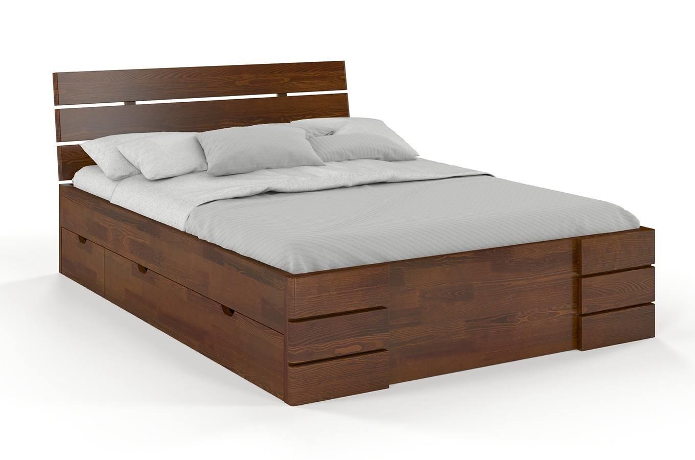 Łóżko drewniane sosnowe Visby Sandemo High Drawers (z szufladami) / 140x200 cm, kolor orzech