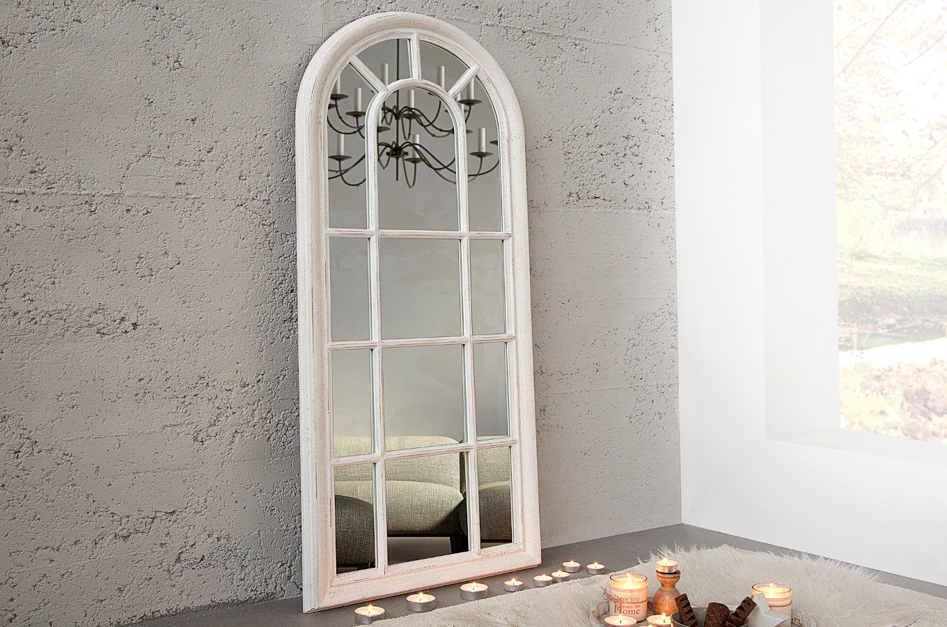 Lustro w kształcie okna ze szprosami CASTILLO białe przecierane