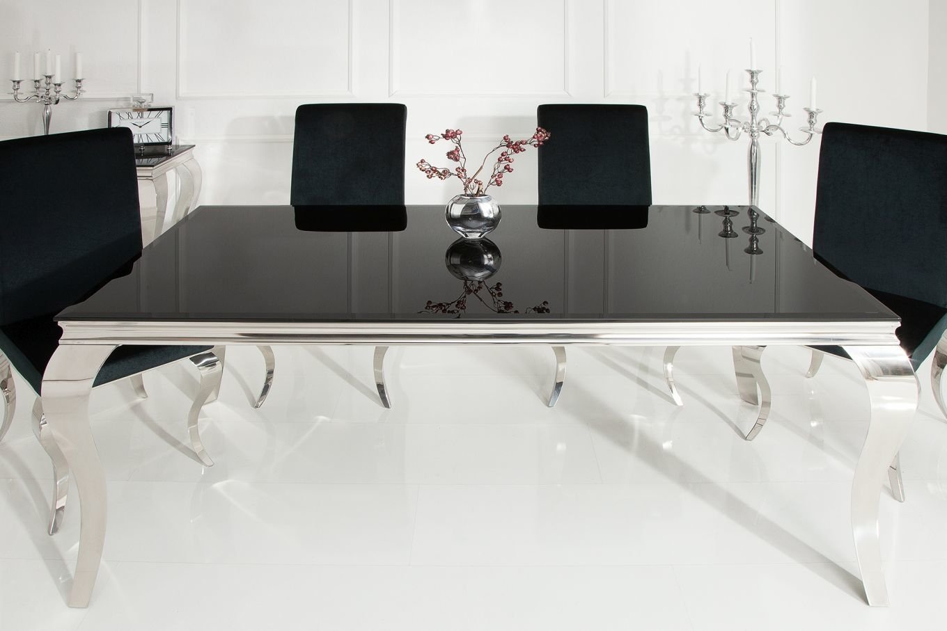 MODERN BAROCK elegancki stół do jadalni w stylu glamour z czarnym blatem i srebrnymi nogami / 200x100 cm