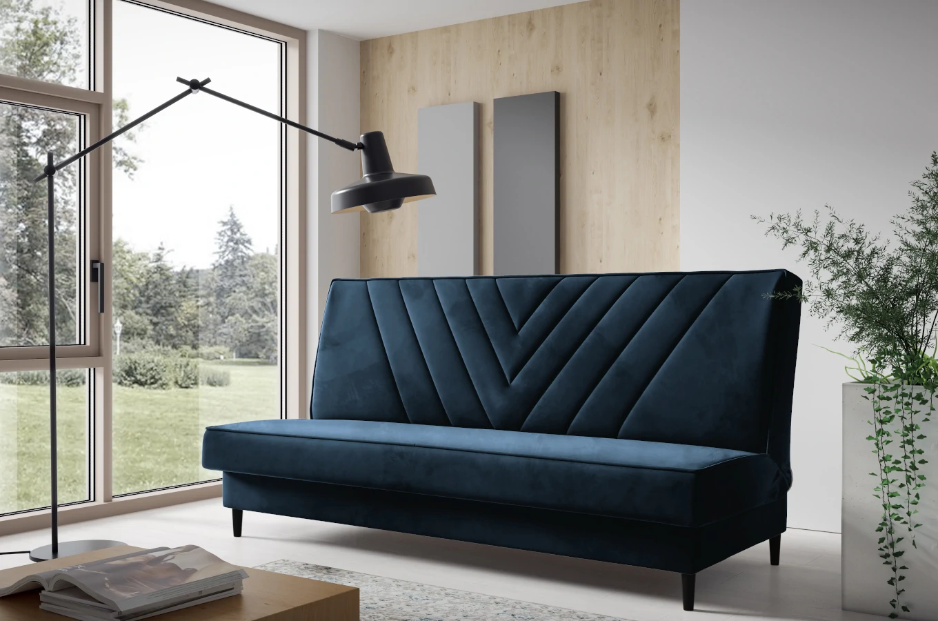Nowoczesna sofa VAIANA w skandynawskim stylu z funkcją spania i pojemnikiem na pościel