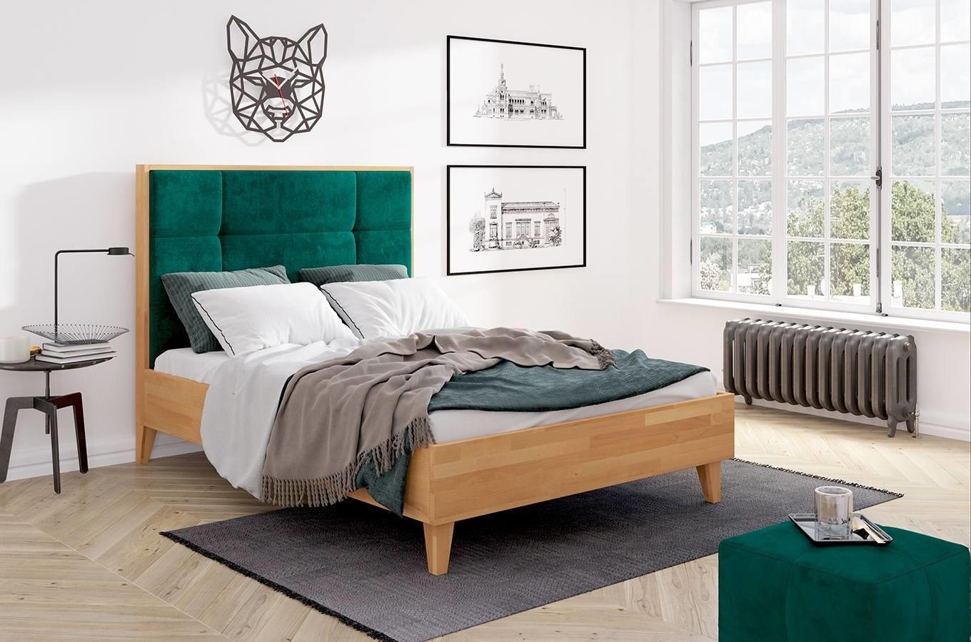 Tapicerowane łóżko drewniane bukowe Visby FRIDA z wysokim zagłówkiem / 120x200 cm, kolor naturalny, zagłówek French Velvet 677