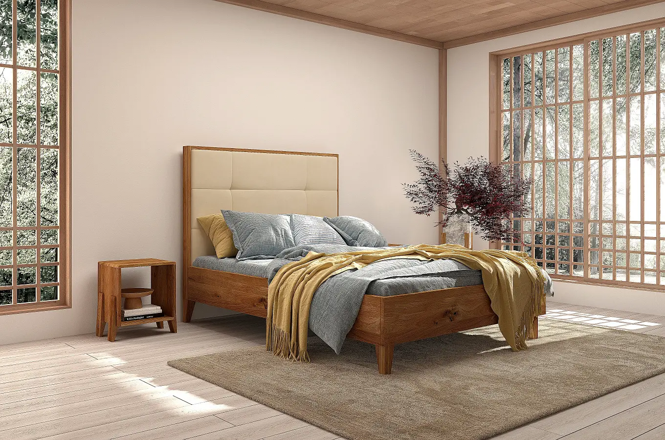 Tapicerowane łóżko drewniane dębowe Visby FRIDA z wysokim zagłówkiem / 140x200 cm, olej naturalny, zagłówek French Velvet 675