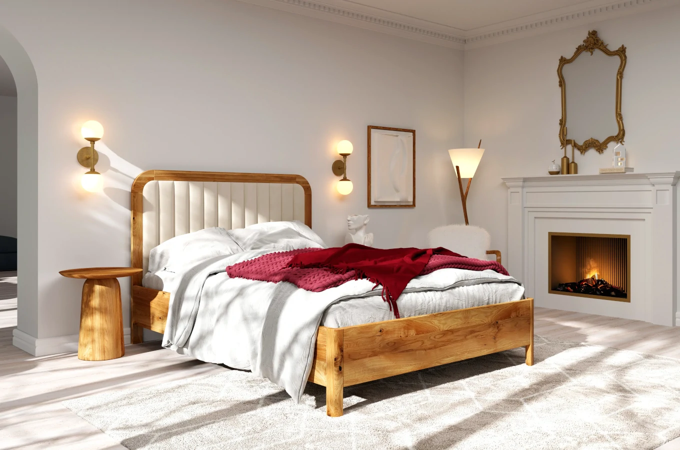 Tapicerowane łóżko drewniane dębowe Visby MODENA z wysokim zagłówkiem / 120x200 cm, lakier naturalny, zagłówek Casablanca 2306