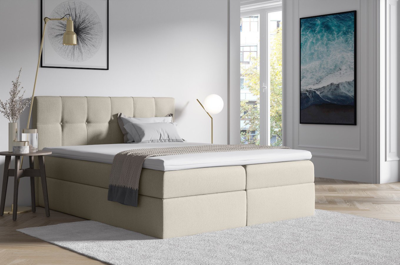 Tapicerowane łóżko kontynentalne ADRIANO z zagłówkiem pikowanym w kwadraty