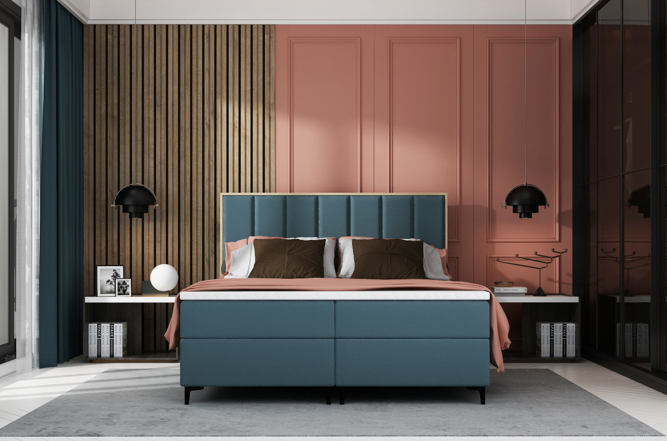 Tapicerowane łóżko kontynentalne LONDON z zagłówkiem z pionowymi przeszyciami i elementami drewna