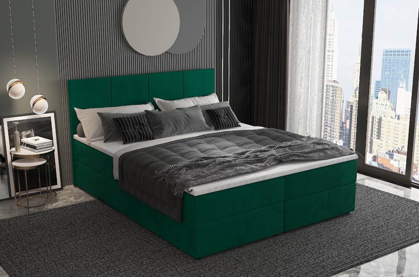 Tapicerowane łóżko kontynentalne SOFIA z zagłówkiem z pionowymi przeszyciami