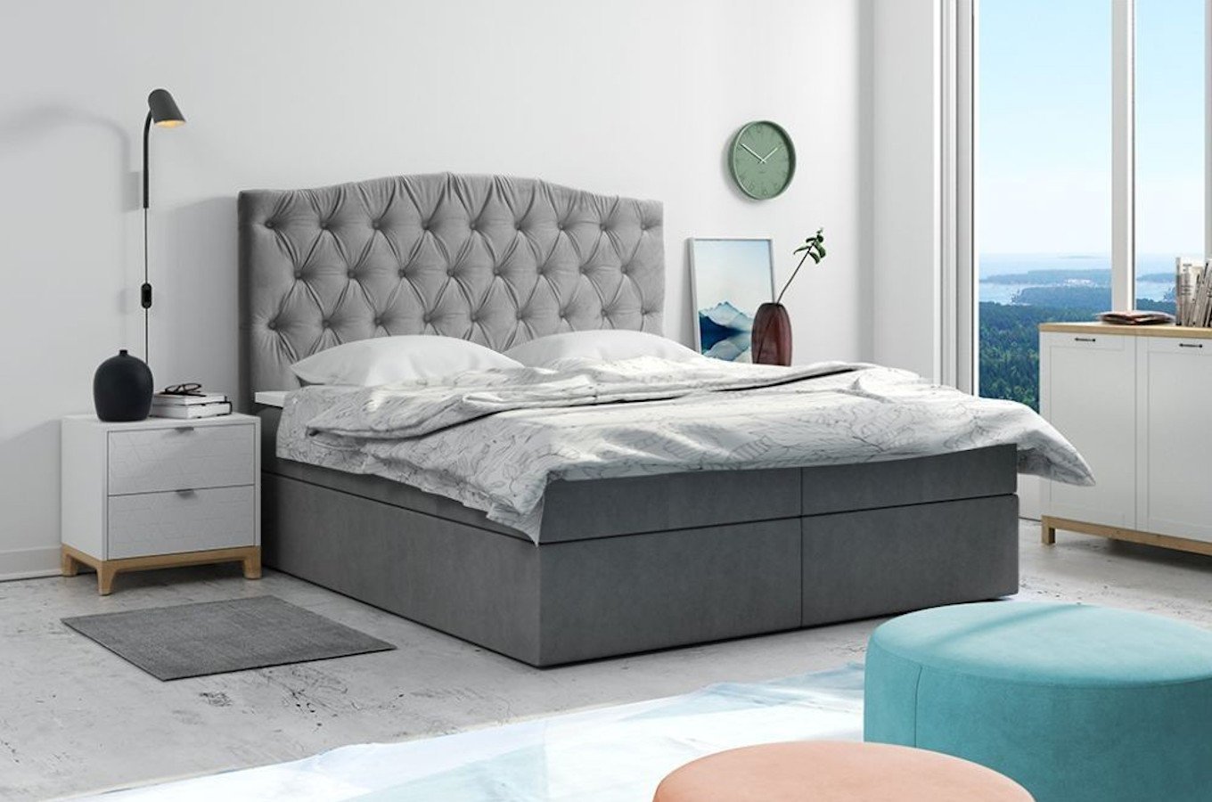 Tapicerowane łóżko kontynentalne SUSEAN z zagłówkiem w stylu glamour