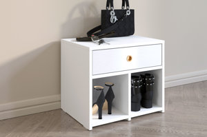 Biała szafka - siedzisko z półkami i szufladą Dancan MIRAGE / wysoki połysk