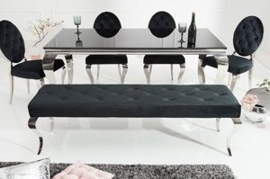 Elegancka ławka MODERN BAROCK z czarnym siedziskiem i srebrnymi nogami / 170x48cm