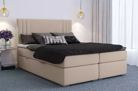 Eleganckie tapicerowane łóżko kontynentalne do sypialni AUGUST z pojemnikiem na pościel