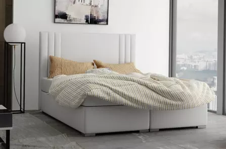 Eleganckie tapicerowane łóżko kontynentalne do sypialni AUGUST z pojemnikiem na pościel. Obniżka ceny!