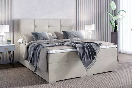 Eleganckie tapicerowane łóżko kontynentalne do sypialni CESAR z pojemnikiem na pościel. Obniżka ceny!