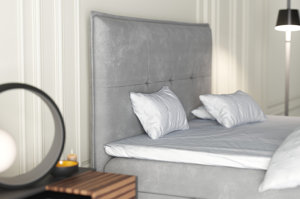 Eleganckie tapicerowane łóżko kontynentalne do sypialni EDWARD z pojemnikiem na pościel. Obniżka ceny!