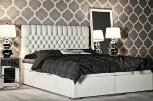 Eleganckie tapicerowane łóżko kontynentalne do sypialni ROYAL z pojemnikiem na pościel