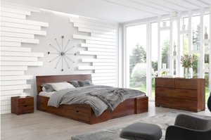 Łóżko drewniane sosnowe Visby Hessler High Drawers (z szufladami) / 160x200 cm, kolor orzech