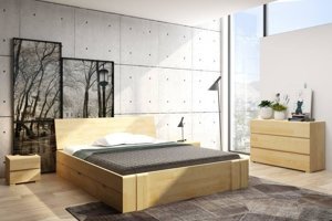 Łóżko drewniane sosnowe z szufladami Skandica VESTRE Maxi & DR / 200x200 cm, kolor orzech