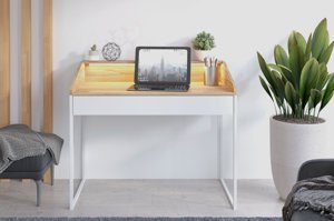 Nowoczesne biurko Dancan FINKA z oświetleniem / blat Jesion Górski + szuflada Biel Arktyczna + stelaż biały - Promocja!