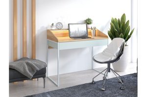 Nowoczesne biurko Dancan FINKA z oświetleniem / blat Jesion Górski + szuflada Pastel Green + stelaż szary