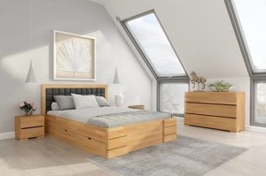 Tapicerowane łóżko drewniane - bukowe Visby GOTLAND Hig Drawers