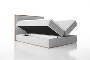 Tapicerowane łóżko kontynentalne PARIS z tapicerowanym zagłówkiem z elementami drewna. Obniżka ceny!