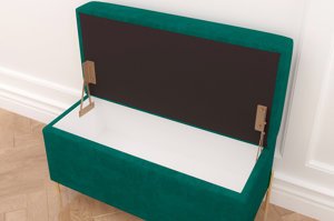 Zielona tapicerowana ławka Dancan BORGO z pojemnikiem, na złotych metalowych nogach